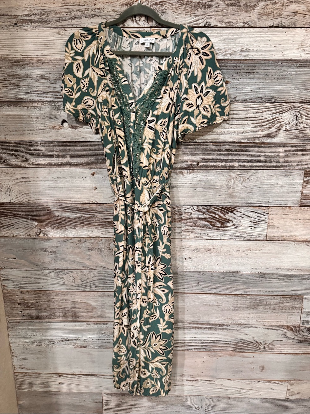 Luxology Green and Cream Floral Wrap Jumpsuit
